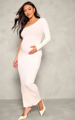 Maternity Cream Rib Knit One Shoulder Long Sleeve Midaxi Dress