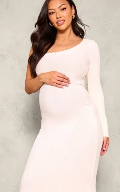 Maternity Cream Rib Knit One Shoulder Long Sleeve Midaxi Dress