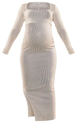 Maternity Cream Ribbed Long Sleeve Side Split Maxi Dress