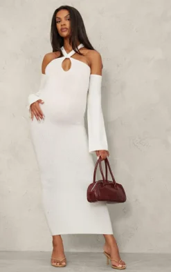Maternity Cream Soft Knit Strappy Cut Out Maxi Dress