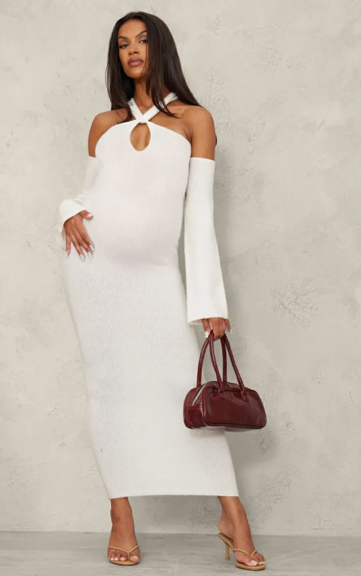 Maternity Cream Soft Knit Strappy Cut Out Maxi Dress