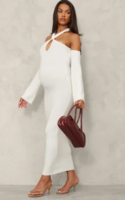 Maternity Cream Soft Knit Strappy Cut Out Maxi Dress