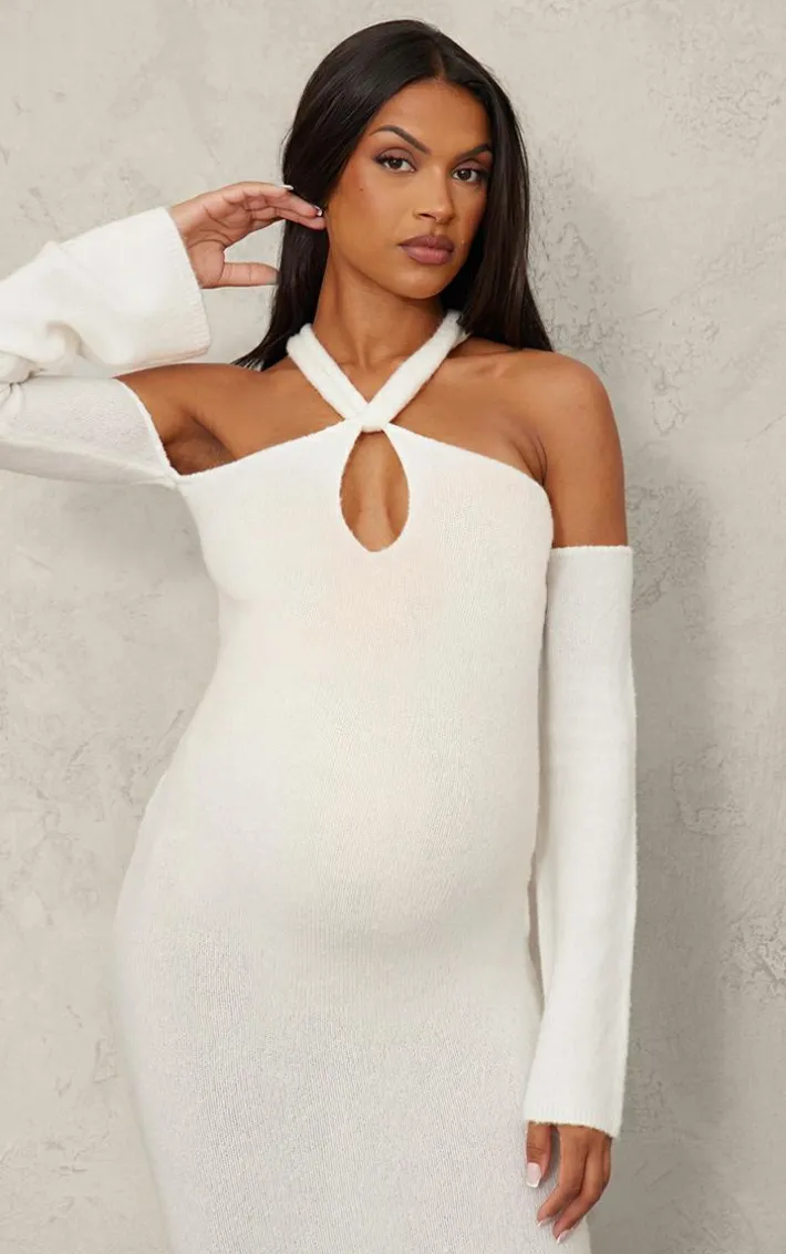 Maternity Cream Soft Knit Strappy Cut Out Maxi Dress