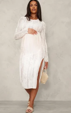 Maternity Cream Textured Midi Dress With Side Split