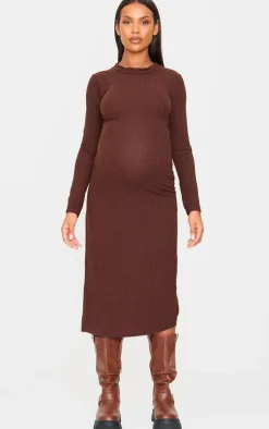Maternity Dark Chocolate Ribbed Long Sleeve Midi Dress