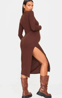 Maternity Dark Chocolate Ribbed Long Sleeve Midi Dress