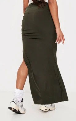 Maternity Dark Khaki Slinky Ruched Detail Maxi Skirt