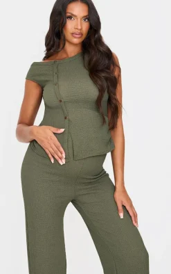 Maternity Dark Khaki Textured Asymmetric Button Top