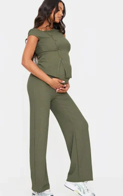 Maternity Dark Khaki Textured Asymmetric Button Top