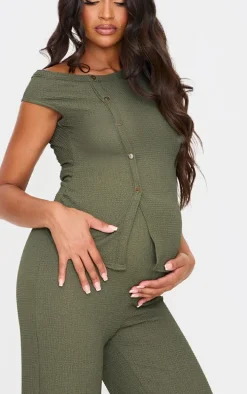 Maternity Dark Khaki Textured Asymmetric Button Top