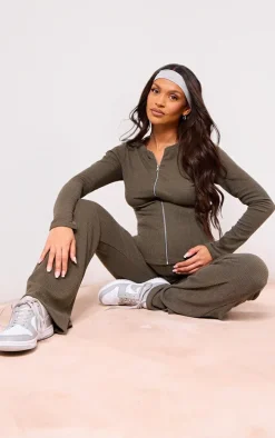 Maternity Dark Olive Crinkle Rib Longline Zip Up Top