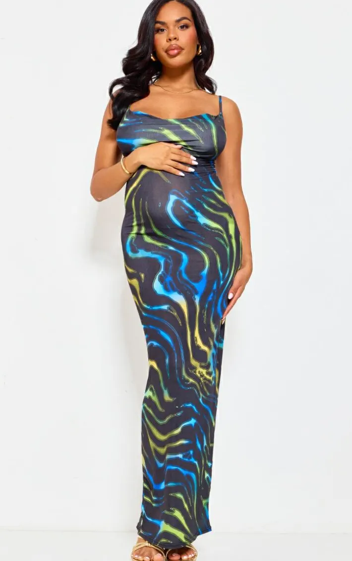 Maternity Green Multi Print Cowl Maxi Dress