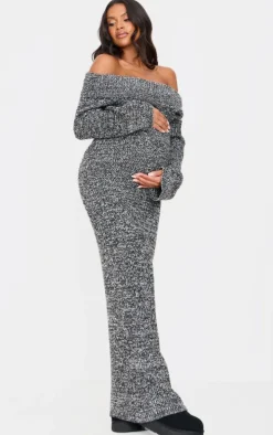 Maternity Grey Boucle Knit Long Sleeve Bardot Maxi Dress