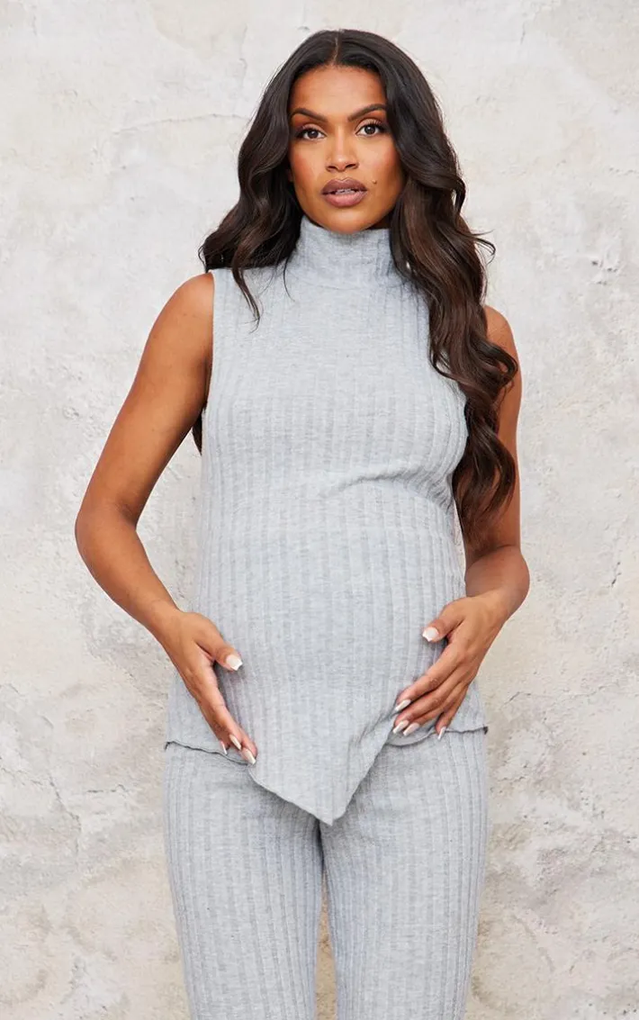Maternity Grey Brushed Rib Sleeveless High Neck Top