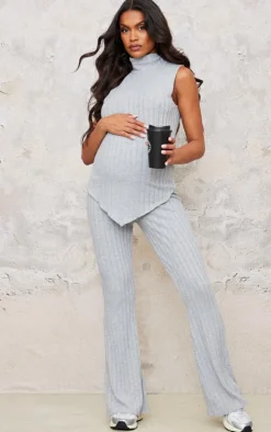 Maternity Grey Brushed Rib Sleeveless High Neck Top