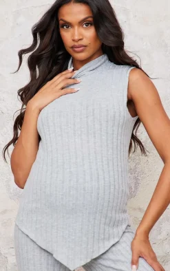 Maternity Grey Brushed Rib Sleeveless High Neck Top