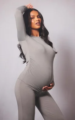 Maternity Grey Marl Cotton Jersey Ruched Bump Longline Top