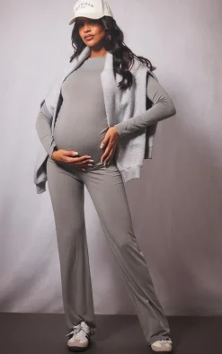 Maternity Grey Marl Cotton Jersey High Waisted Flares