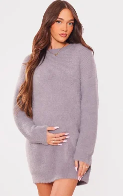 Maternity Grey Marl Fluffy Knitted Sweater Dress