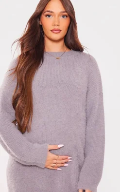 Maternity Grey Marl Fluffy Knitted Sweater Dress