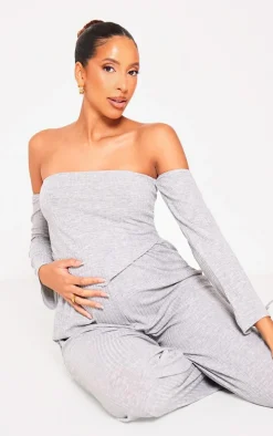 Maternity Grey Marl Off The Shoulder Point Hem Top