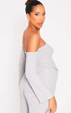 Maternity Grey Marl Off The Shoulder Point Hem Top