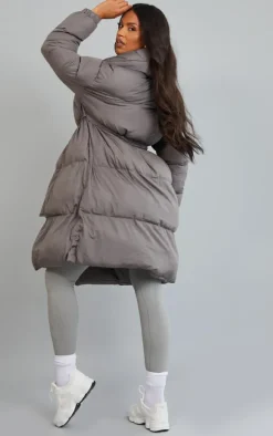Maternity Grey Oversized Collar Belted Longline Puffer