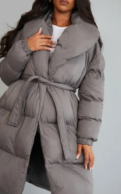 Maternity Grey Oversized Collar Belted Longline Puffer