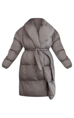 Maternity Grey Oversized Collar Belted Longline Puffer