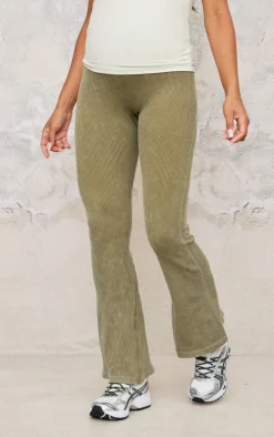Maternity Khaki Faded Snatched Rib Fold Over Waistband Flare Pants