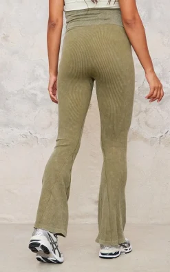 Maternity Khaki Faded Snatched Rib Fold Over Waistband Flare Pants