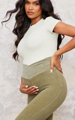 Maternity Khaki Faded Snatched Rib Fold Over Waistband Flare Pants