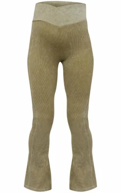 Maternity Khaki Faded Snatched Rib Fold Over Waistband Flare Pants