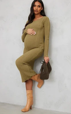 Maternity Khaki Knitted Midaxi Tie Back Bodycon Dress