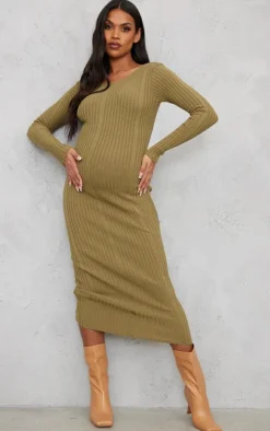 Maternity Khaki Knitted Midaxi Tie Back Bodycon Dress