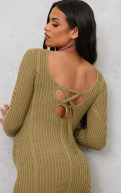 Maternity Khaki Knitted Midaxi Tie Back Bodycon Dress