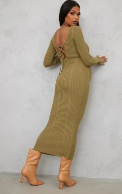 Maternity Khaki Knitted Midaxi Tie Back Bodycon Dress