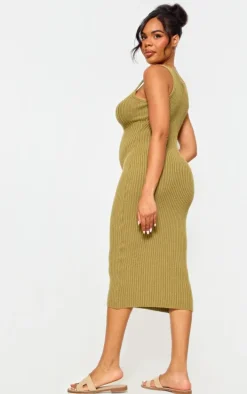 Maternity Khaki Knitted V Neck Midi Dress