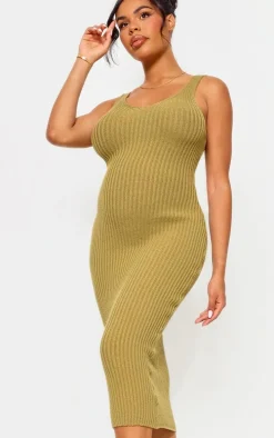 Maternity Khaki Knitted V Neck Midi Dress
