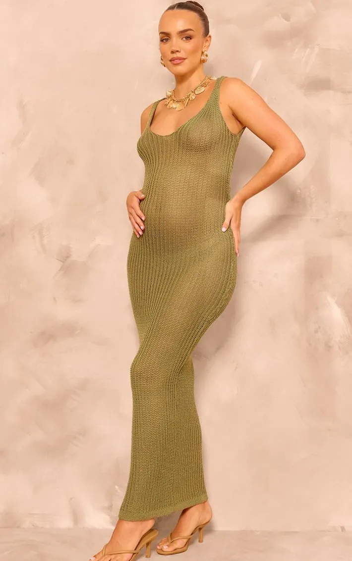 Maternity Khaki Open Back Sheer Knit Maxi Dress