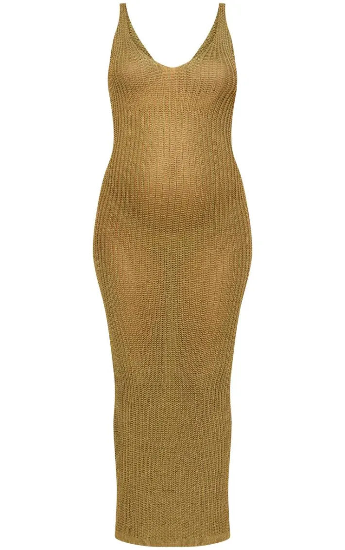 Maternity Khaki Open Back Sheer Knit Maxi Dress