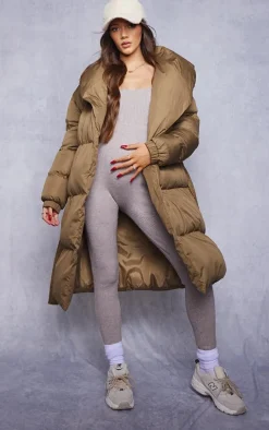 Maternity Khaki Oversized Belted Longline Puffer