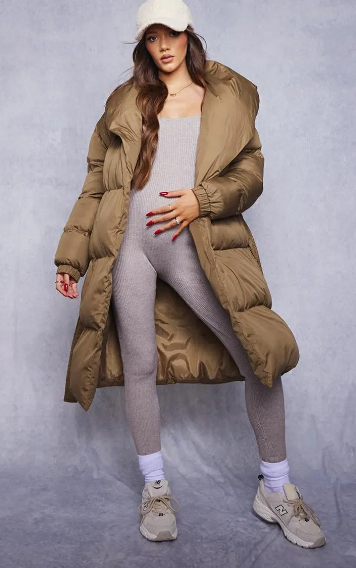 Maternity Khaki Oversized Belted Longline Puffer