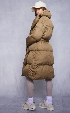 Maternity Khaki Oversized Belted Longline Puffer