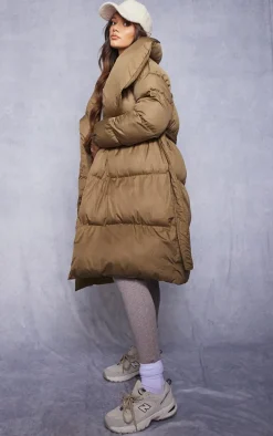 Maternity Khaki Oversized Belted Longline Puffer
