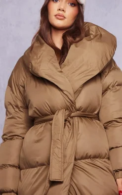 Maternity Khaki Oversized Belted Longline Puffer