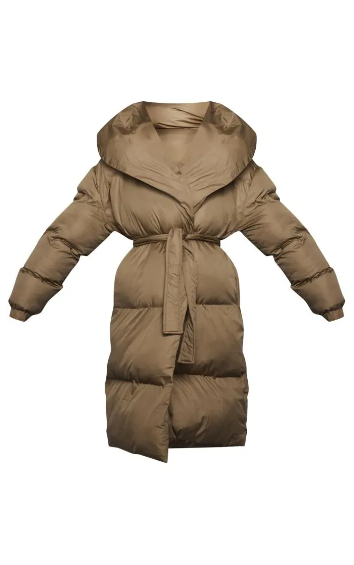 Maternity Khaki Oversized Belted Longline Puffer