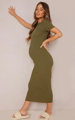 Maternity Khaki Ribbed Crew Neck Midi Dress