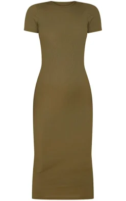 Maternity Khaki Ribbed Crew Neck Midi Dress
