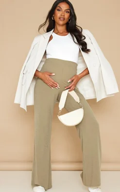 Maternity Khaki Ribbed Wide Leg Pants